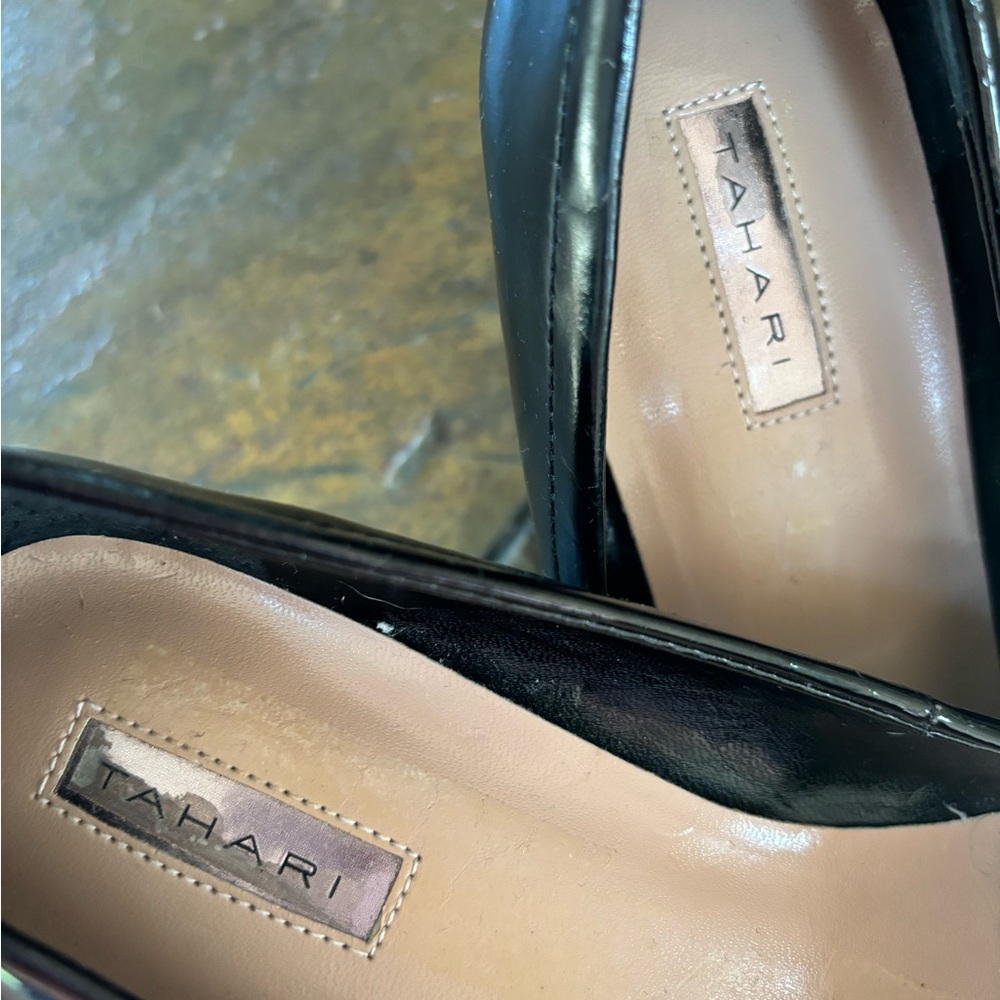 Tahari Black Patent Leather Chunky Heels,Square Toe Oversized Buckle